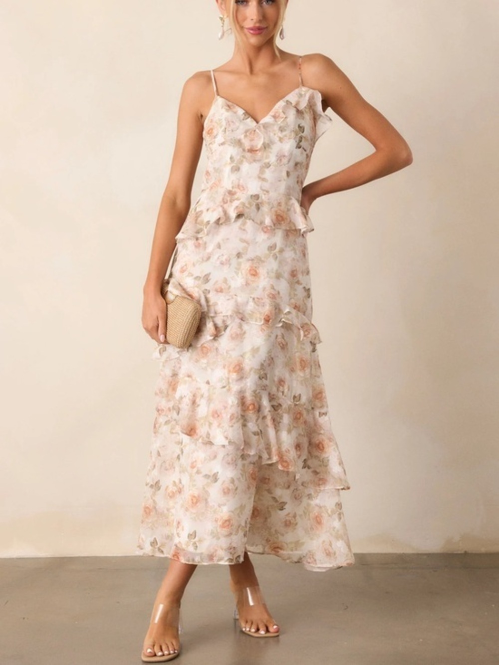 Floral Ruffle Maxi Dress - nude multi